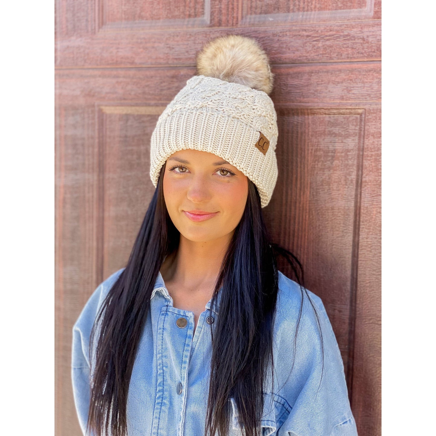 Ribbed Cable Knit Pom Beanie