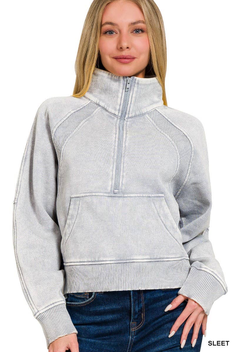 Acid Washed Half Zip Fleece Pullover Kangaroo Pocket: MAUVE / 2-2-2 (S-M-L)