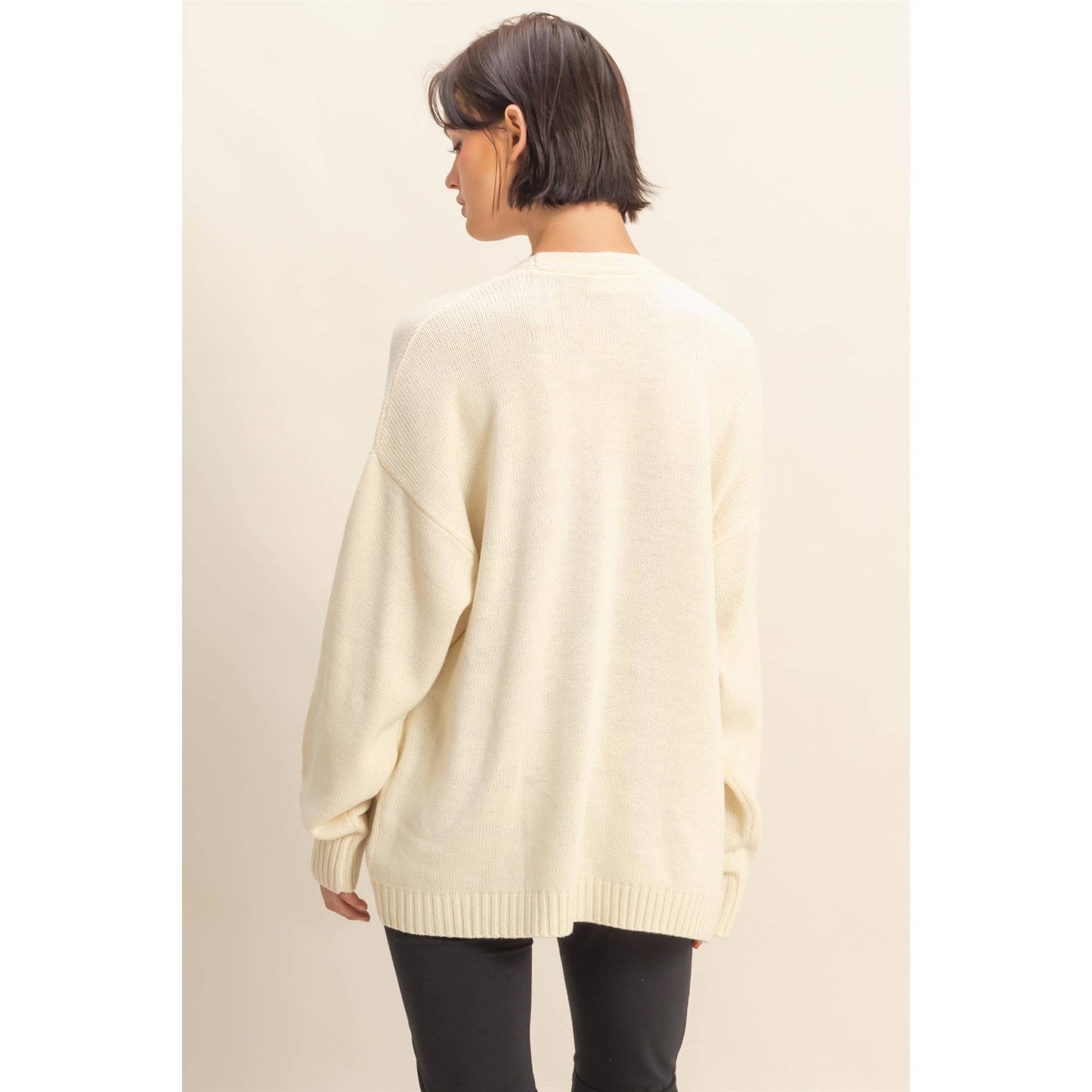 Oversized Open-Front Cardigan Sweater With Pockets: RED / S-M-L(2-2-2)