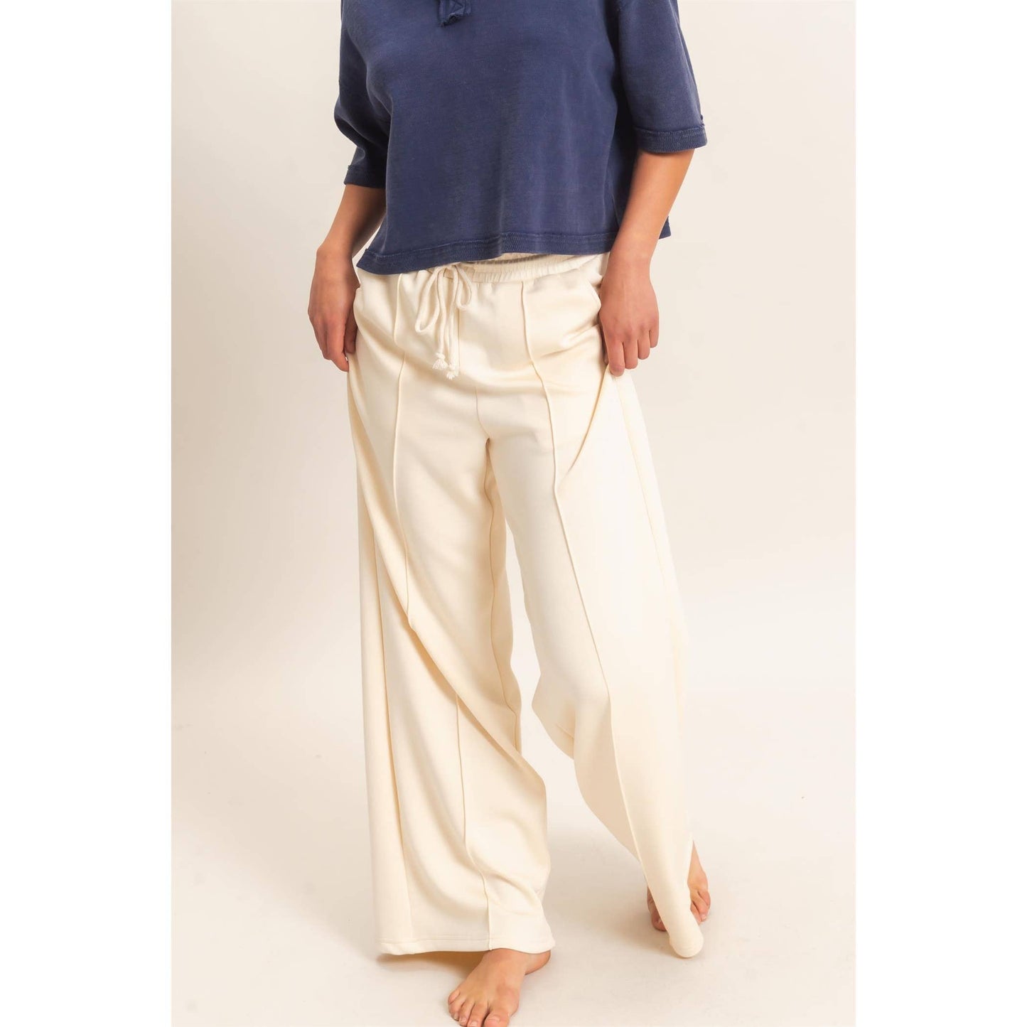 Drawstring Waist Pintuck Wide Leg Pants: DARK RED / S-M-L(2-2-2)