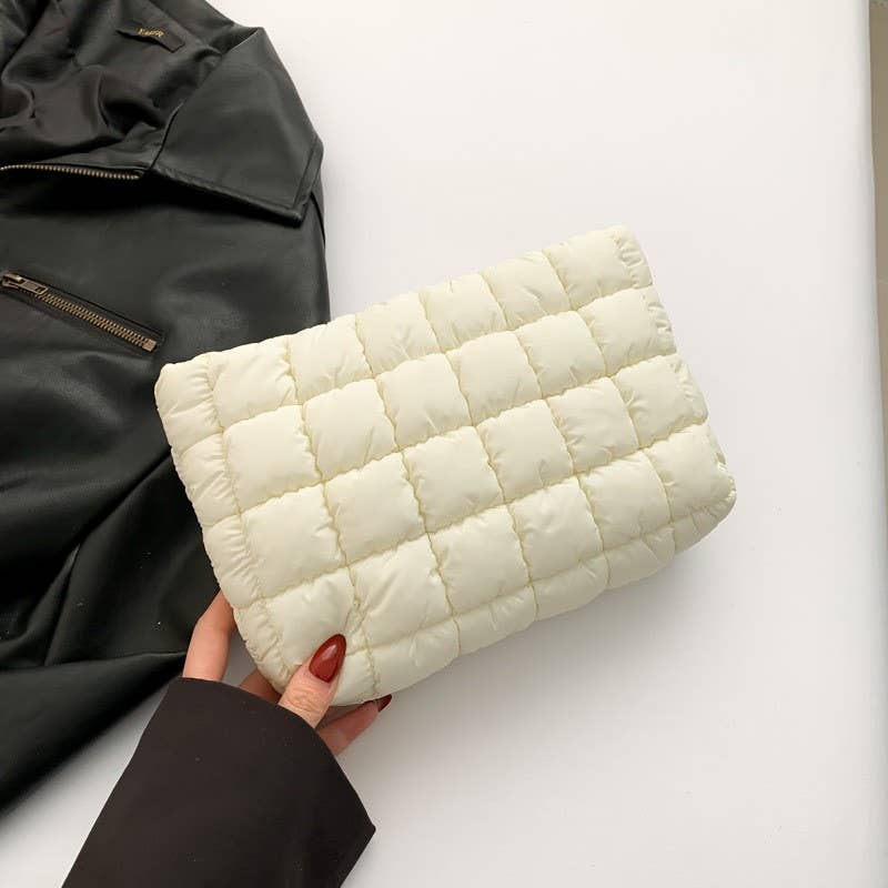 QUILTED PUFFY COSMETIC MAKEUP POUCH CLUTCH BAG | Off-White