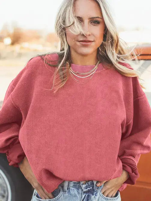 Orange Long Sleeve Ribbed Corded Oversized Sweatshirt: Orange / 100%Polyester / 2XL