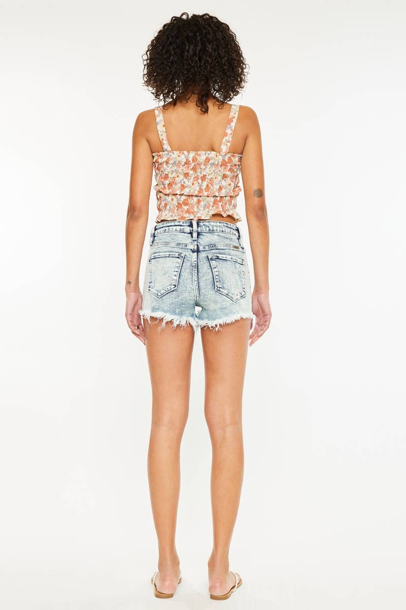 HIGH RISE FRAY HEM DENIM SHORTS