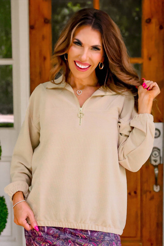 Ribbed Quarter Zip Pullover- Taupe