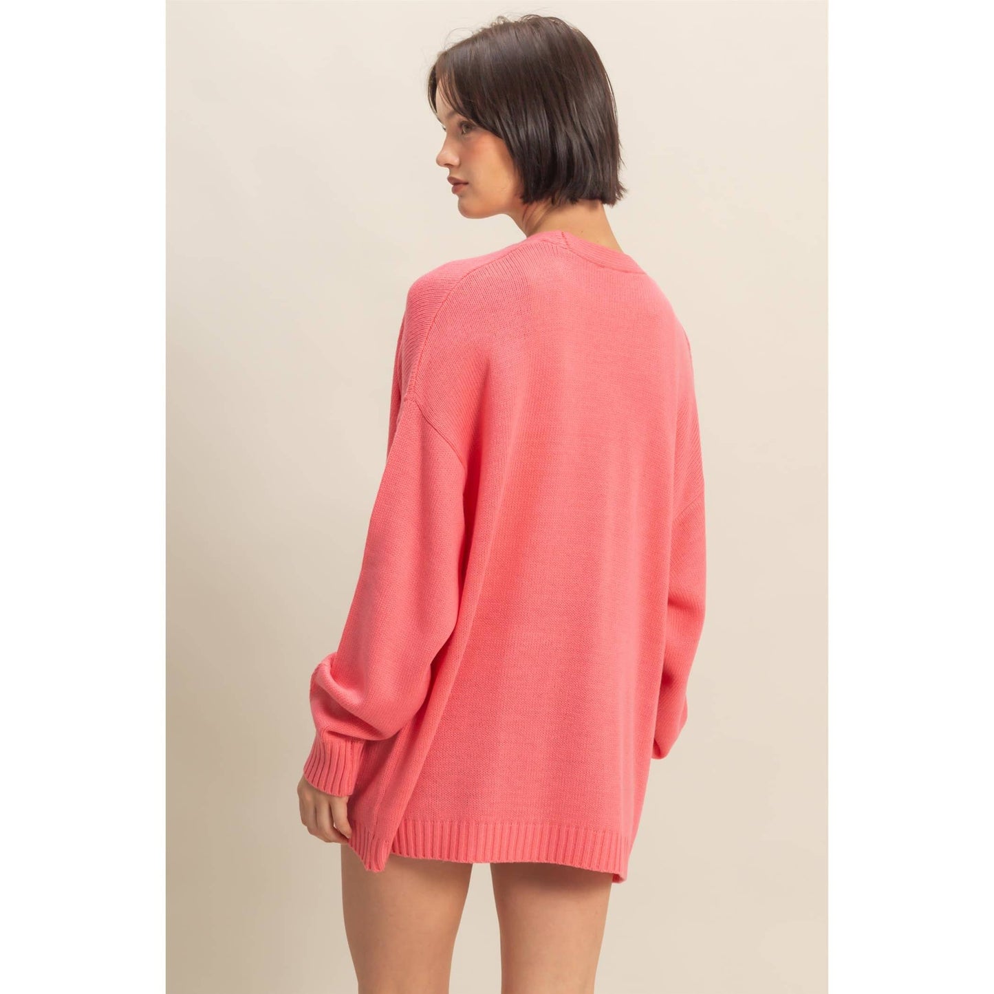 Oversized Open-Front Cardigan Sweater With Pockets: RED / S-M-L(2-2-2)