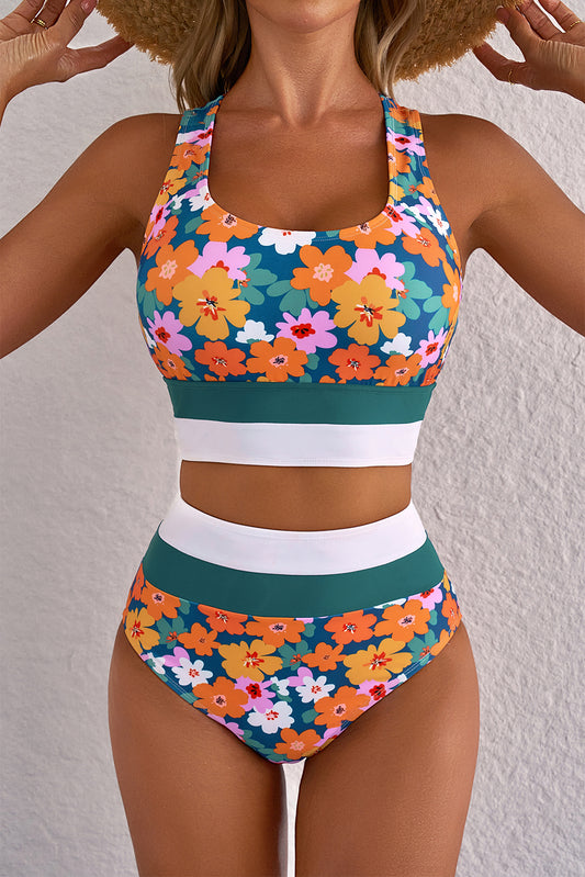 Green Floral Print Racerback Bikini Top