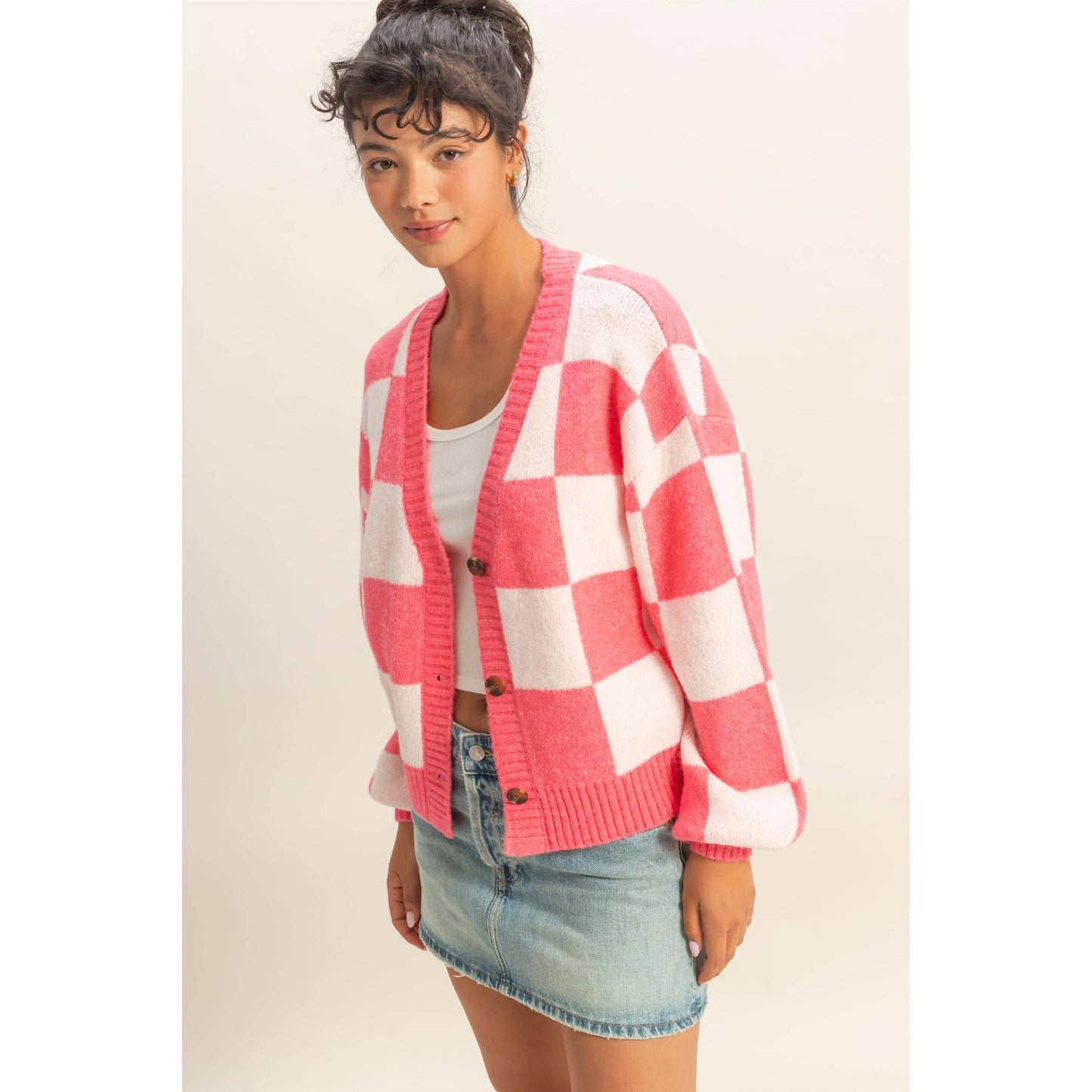 Checkered Button Front Cardigan Sweater