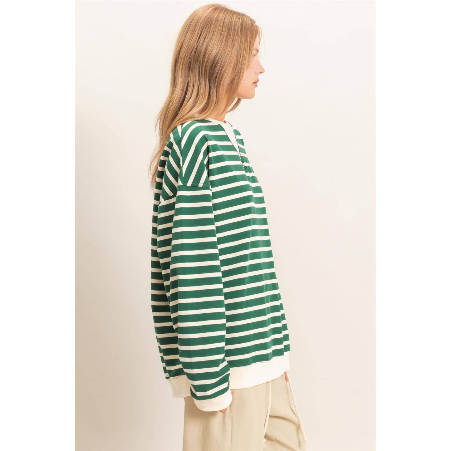 Striped Long Sleeve Pullover: GREEN/CREAM / S-M-L(2-2-2)