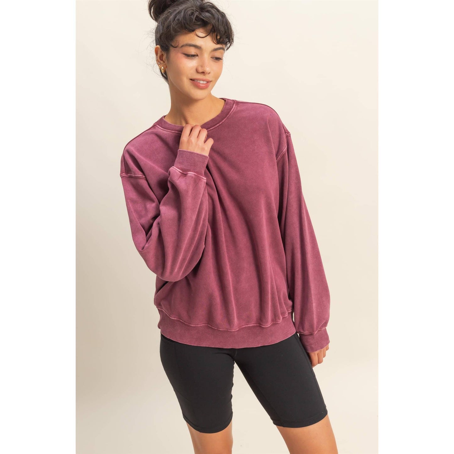Oversized Mineral Washed Sweatshirt: CREAM / S-M-L(2-2-2)
