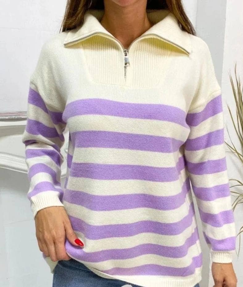 Half-zip striped sweater knit turtleneck sweatshirt: Green / S