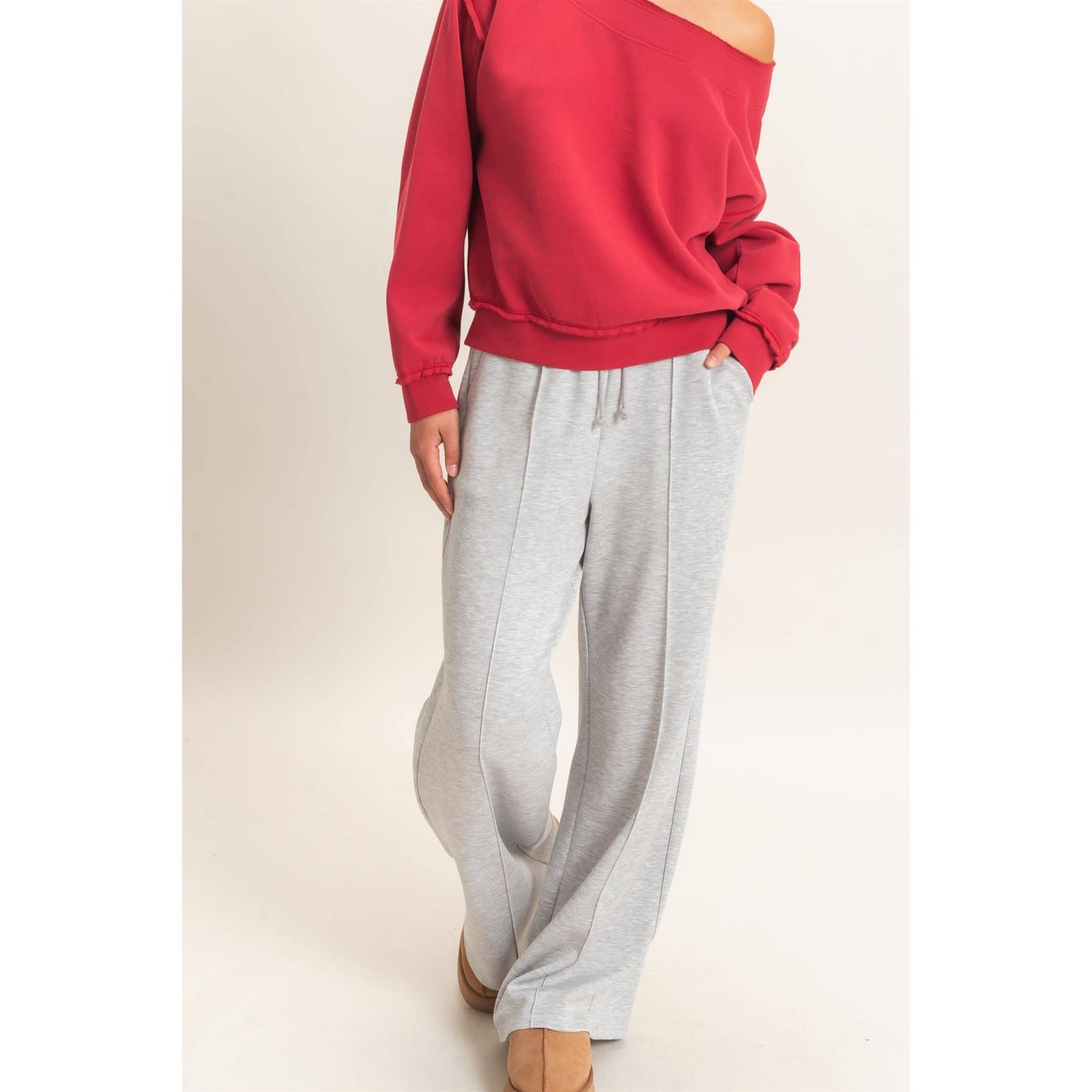 Drawstring Waist Pintuck Wide Leg Pants: DARK RED / S-M-L(2-2-2)
