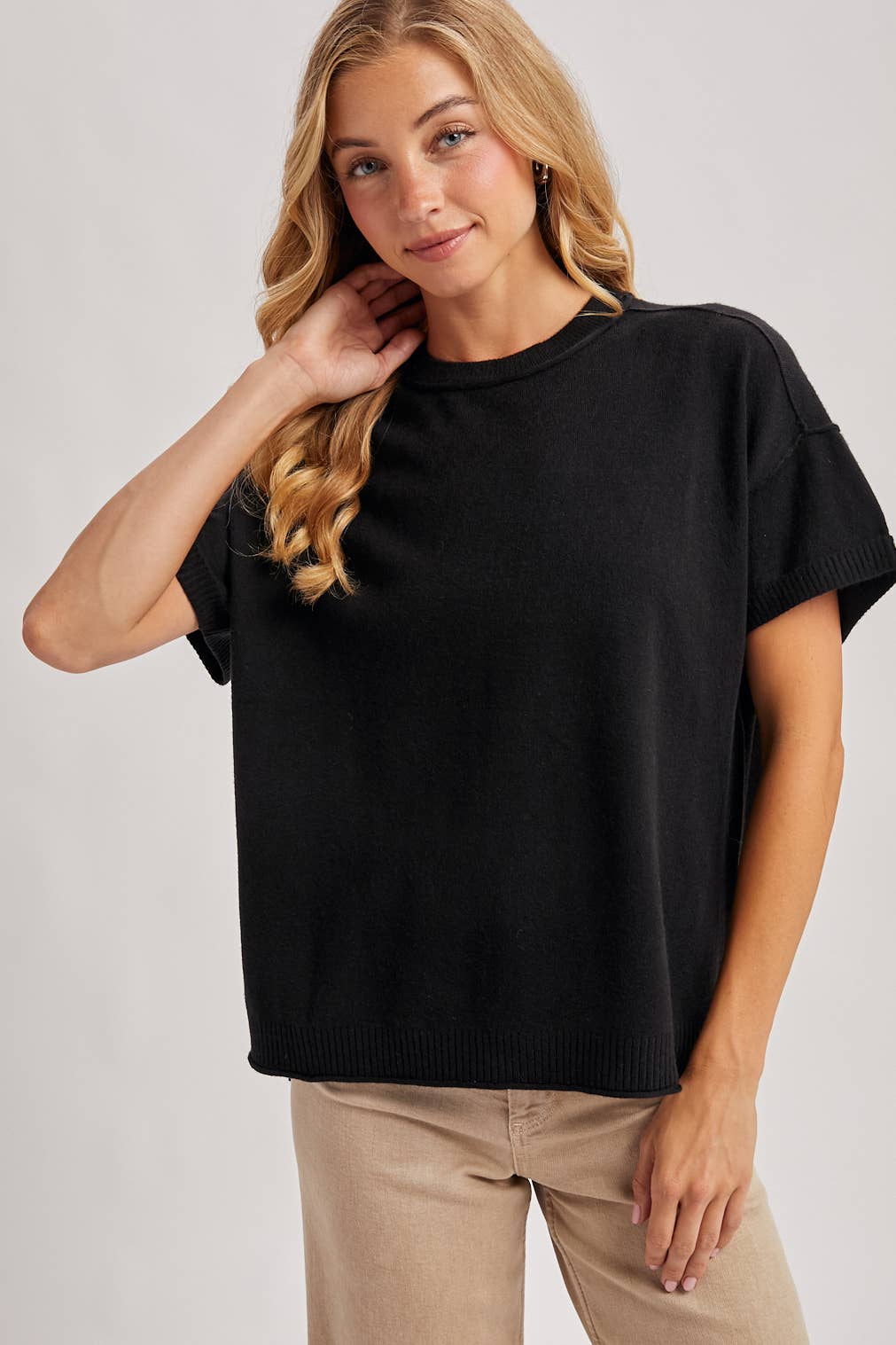 CREW NECK KNIT T-SHIRT: MOCHA