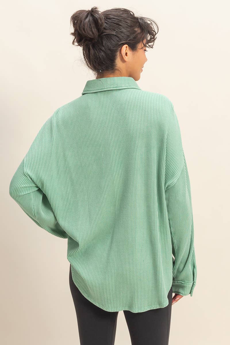 Oversized Mineral Washed Waffle Button Up Shacket: DEEP GREEN / S-M-L(2-2-2)