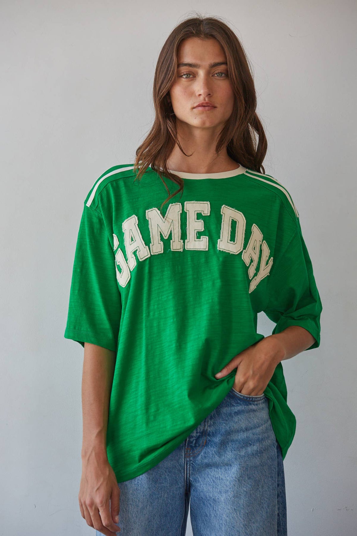 L10117 | Knit Cotton Crew Neck 'Game Day' Oversized Top: Green / S