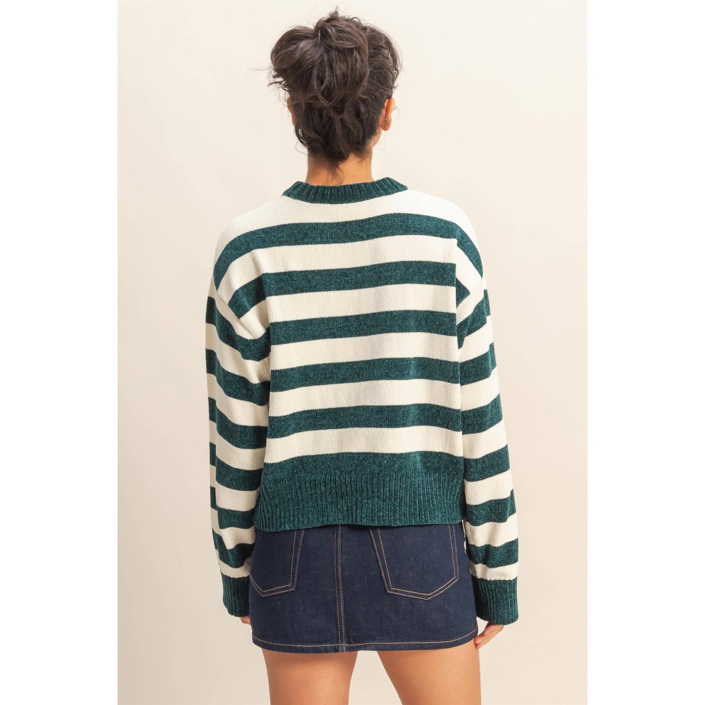 Striped Sweater With Ribbed Edge: DEEP GREEN/WHIP CREAM / S-M-L(2-2-2)