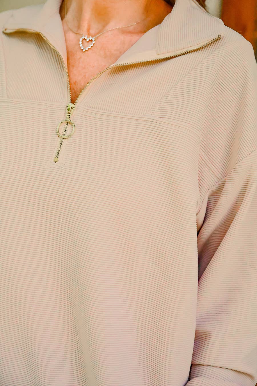 Levi Ribbed Quarter Zip Pullover- Taupe: Taupe / Small