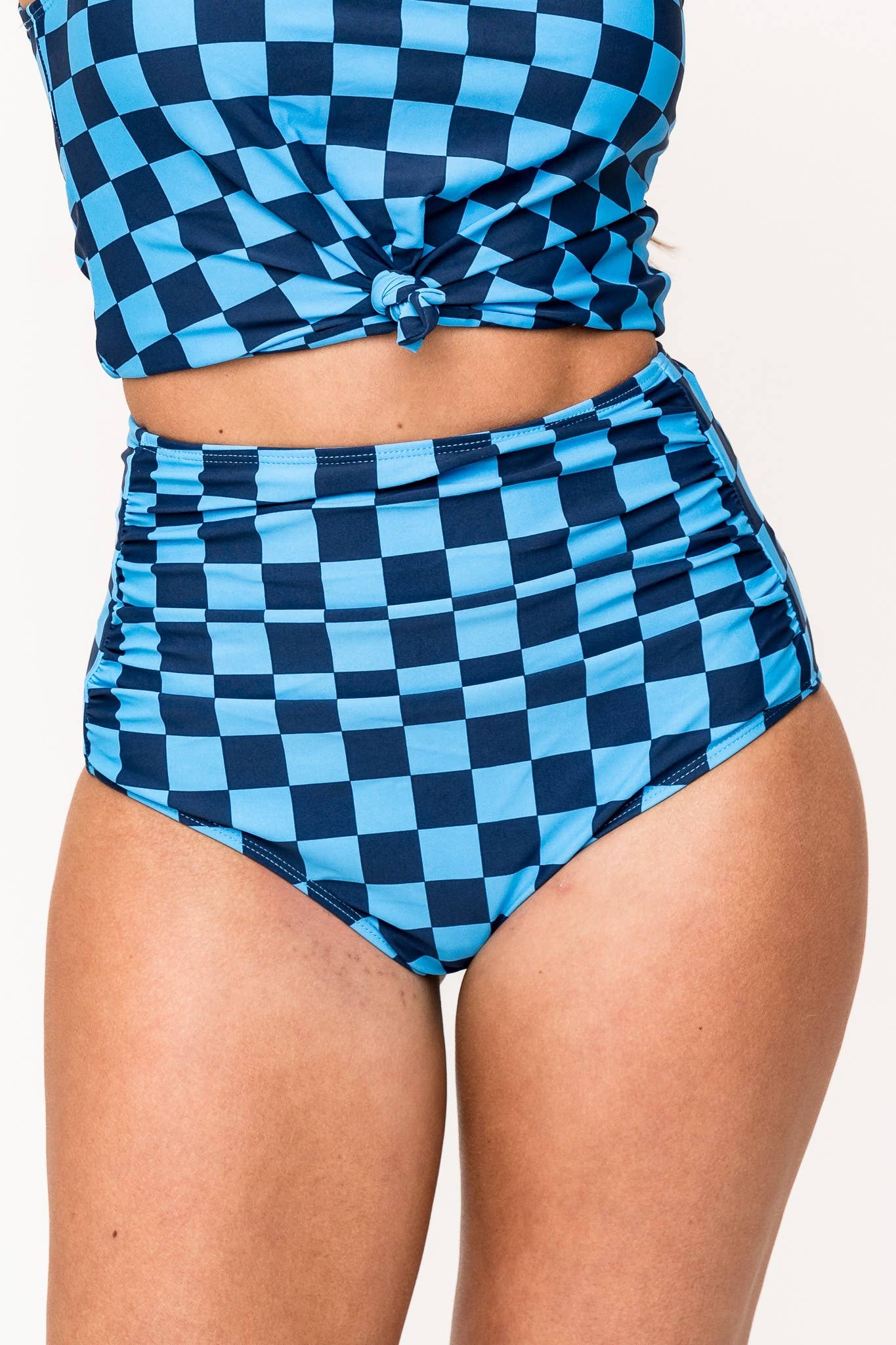 Blue Check HW Ruched Swim Bottoms