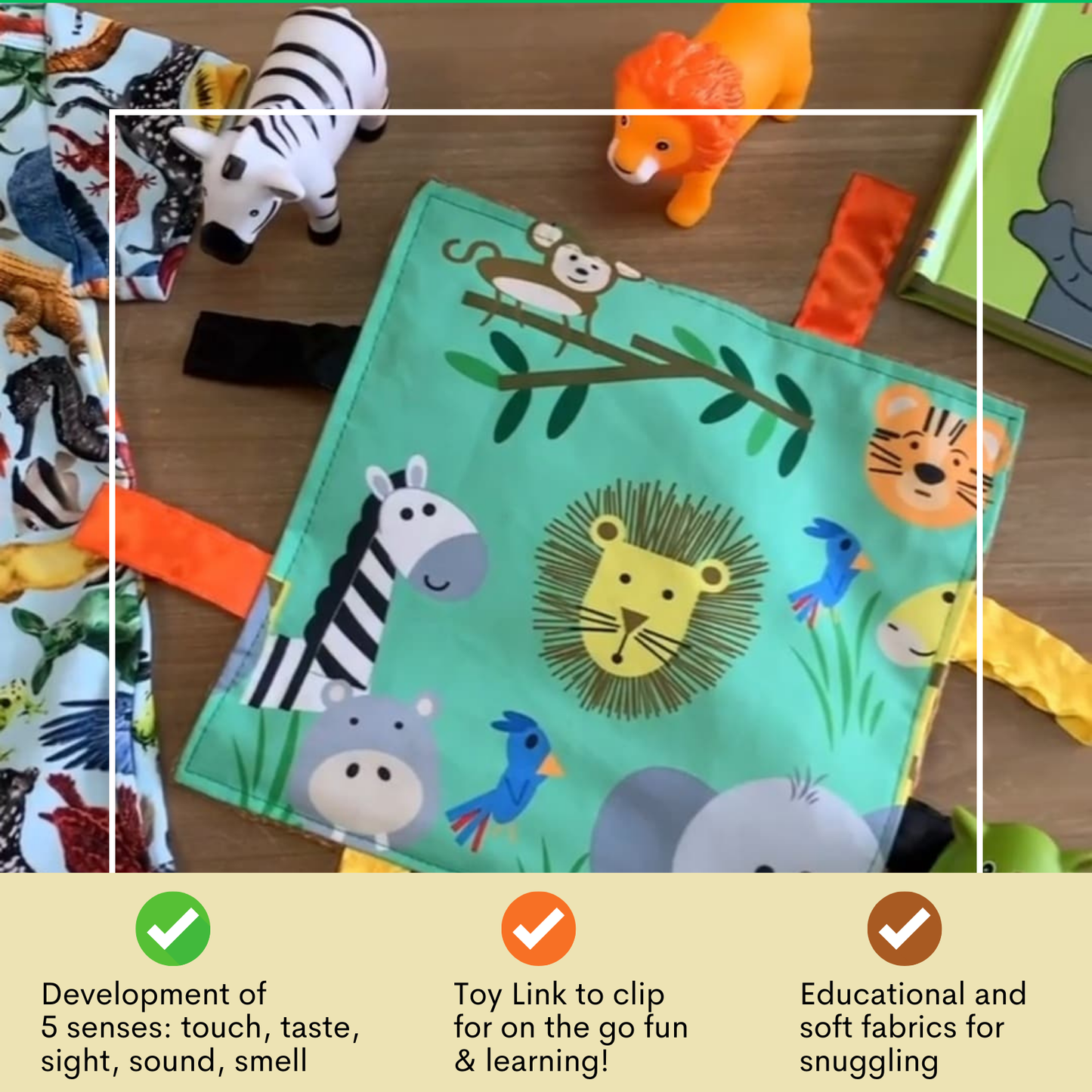 Jungle Zoo Crinkle Tag Square 8x8 Tummy Time Toy 8" x 8"