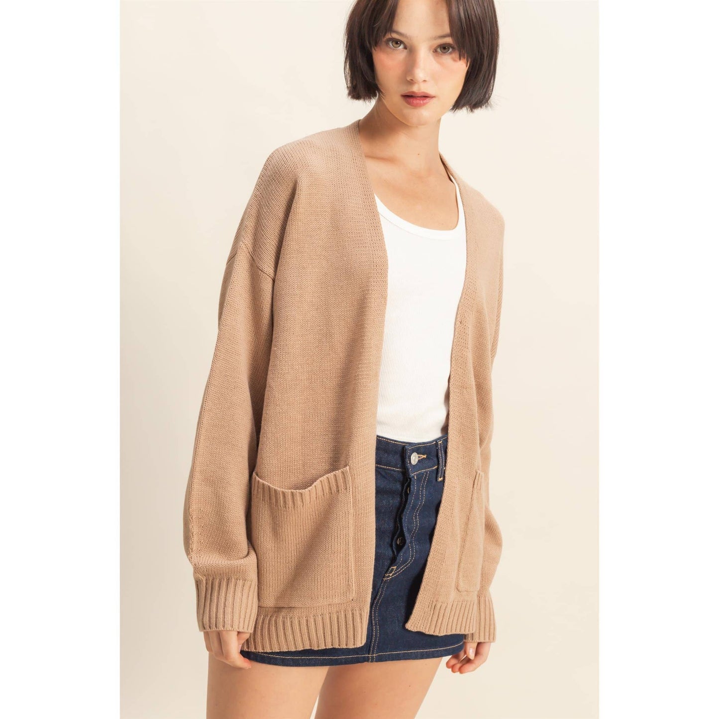 Oversized Open-Front Cardigan Sweater With Pockets: RED / S-M-L(2-2-2)