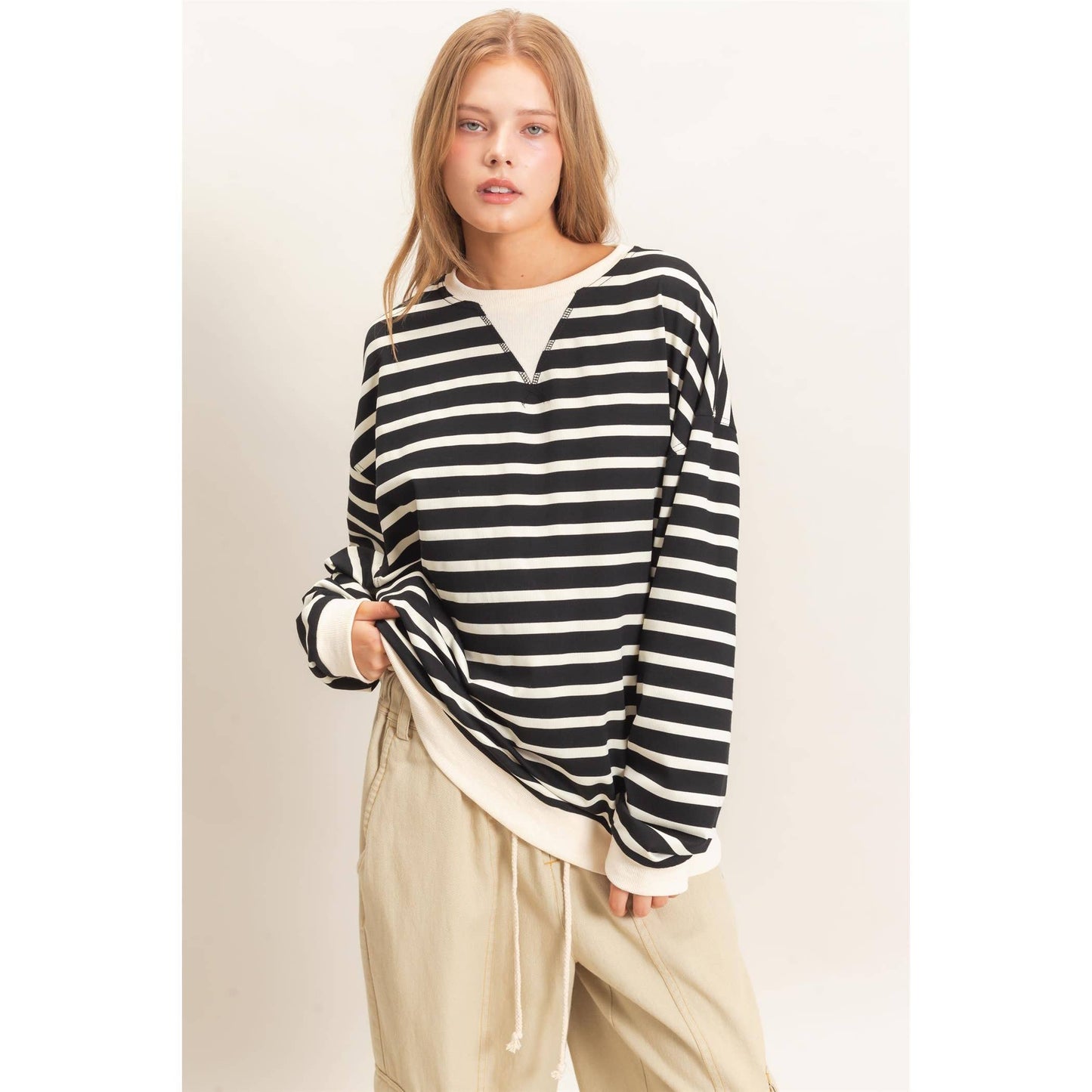 Striped Long Sleeve Pullover: GREEN/CREAM / S-M-L(2-2-2)