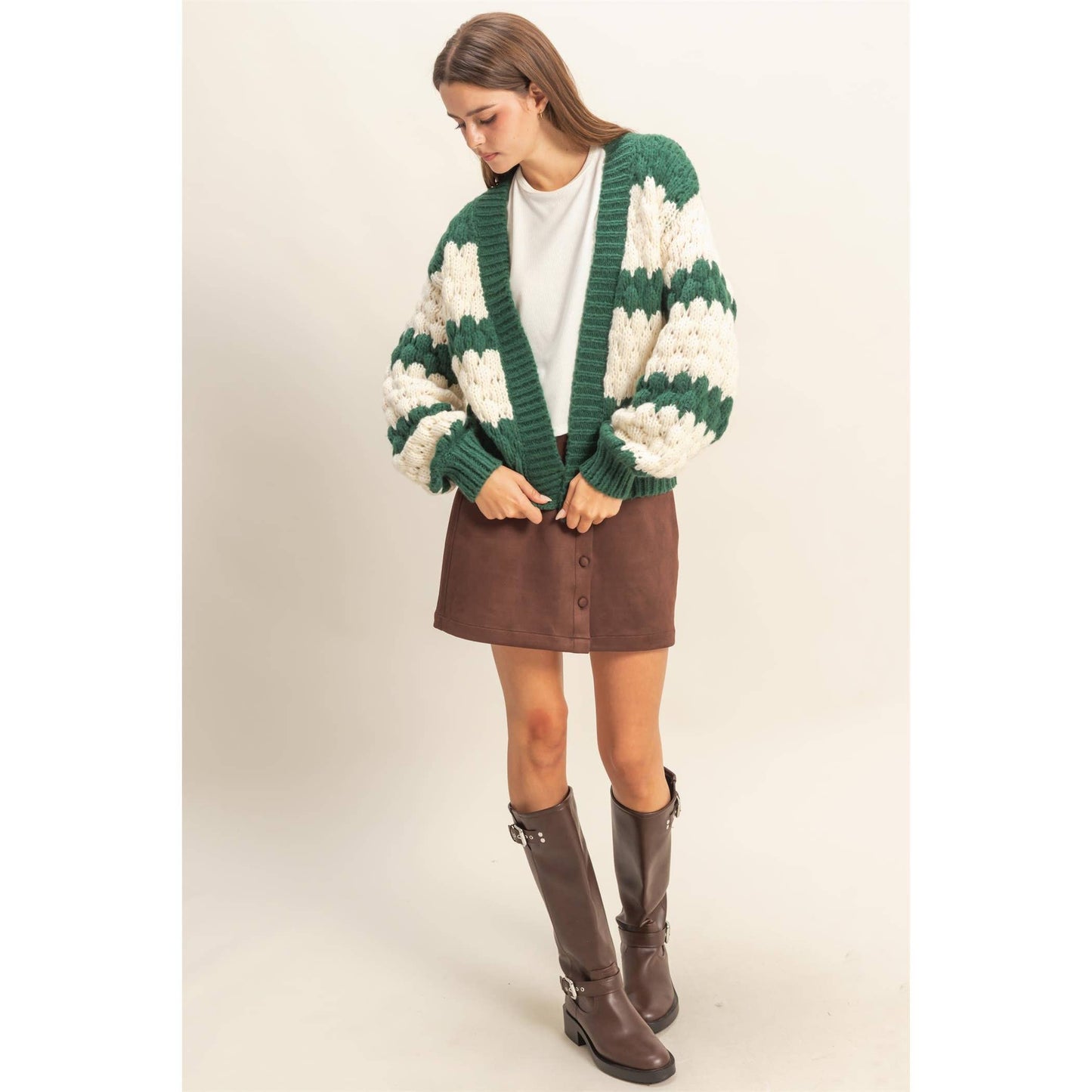 Oversized Cloud Pattern Knit Cardigan: D.GREEN / S-M-L(2-2-2)