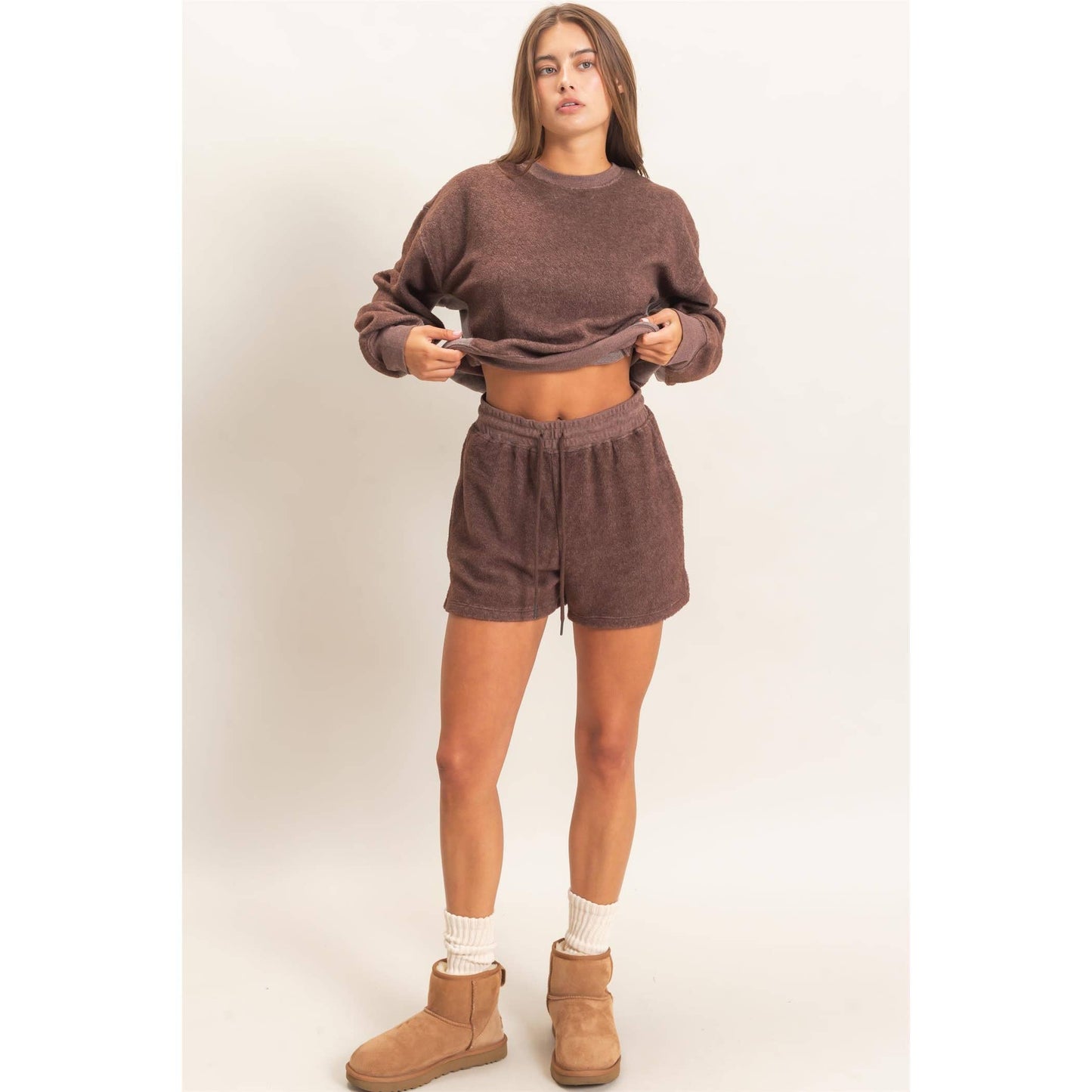 Contrast Sweatshirt & Shorts Set: DARK TEAL / S-M-L(2-2-2)
