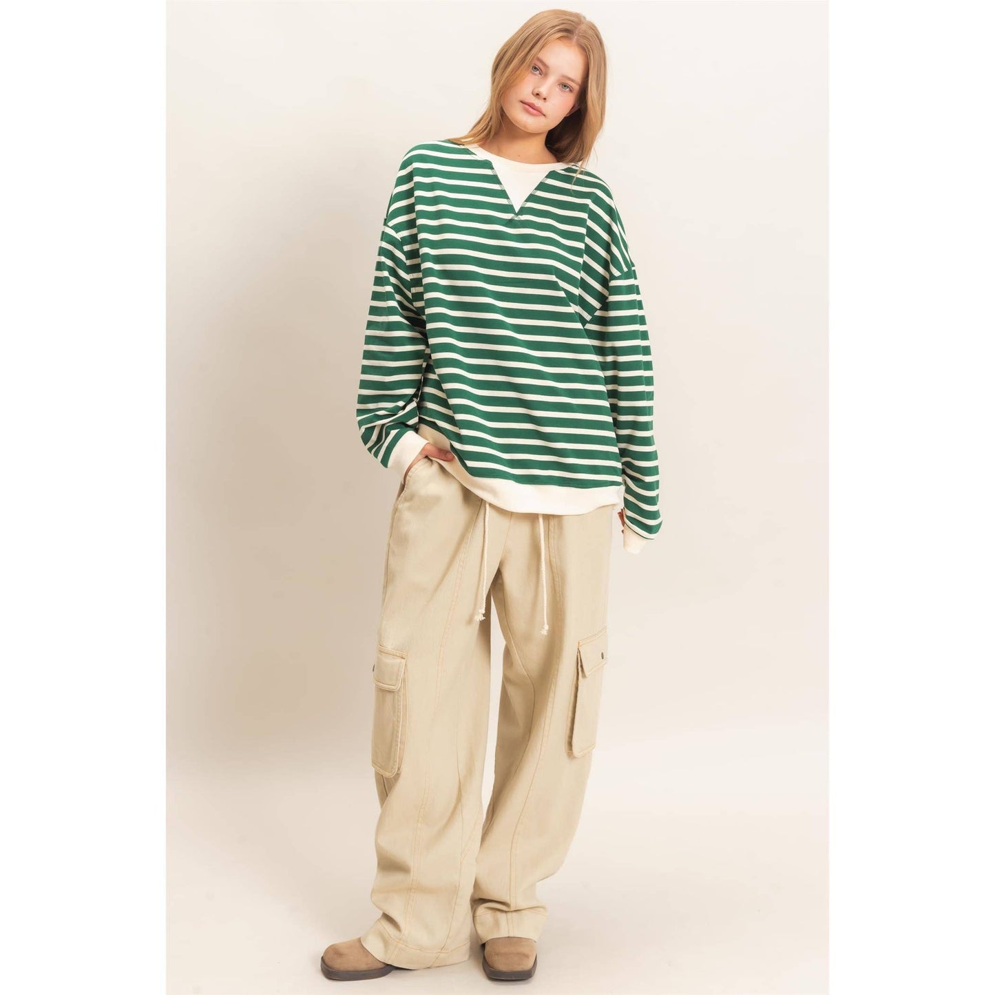 Striped Long Sleeve Pullover: GREEN/CREAM / S-M-L(2-2-2)