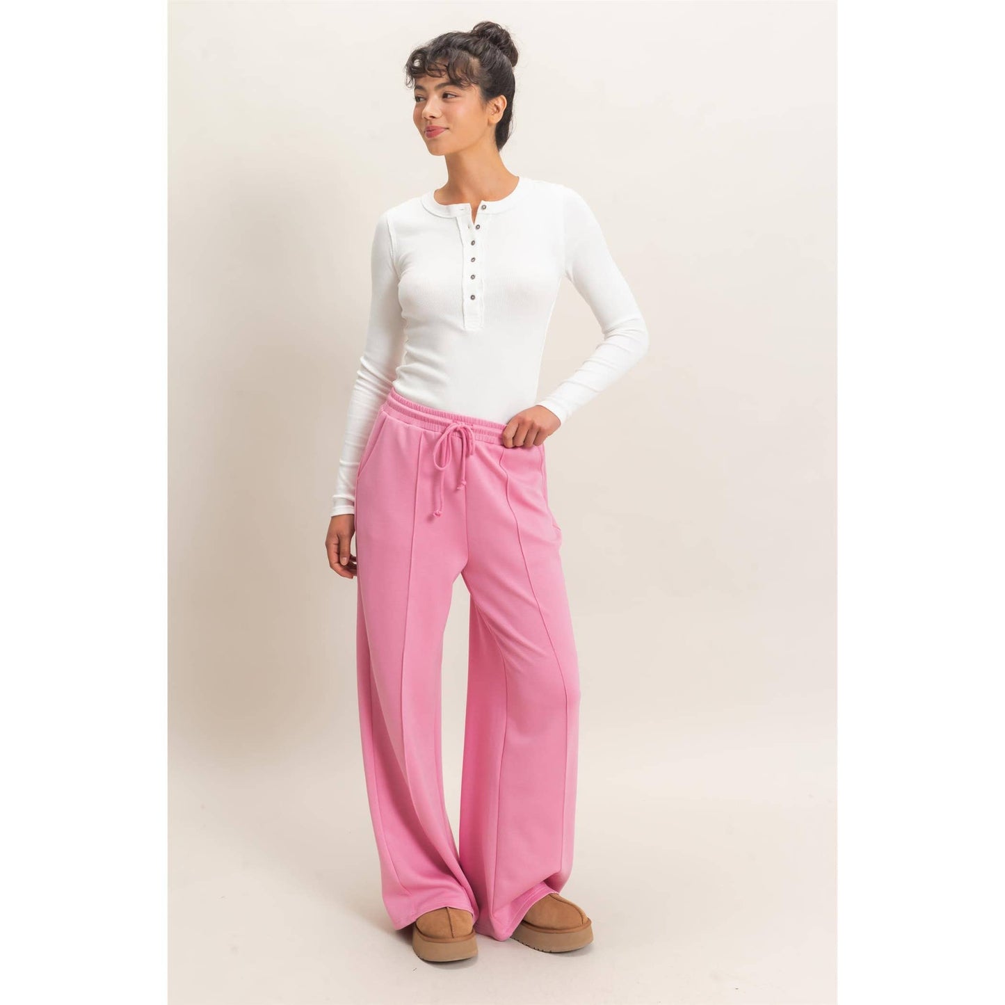 Drawstring Waist Pintuck Wide Leg Pants: DARK RED / S-M-L(2-2-2)