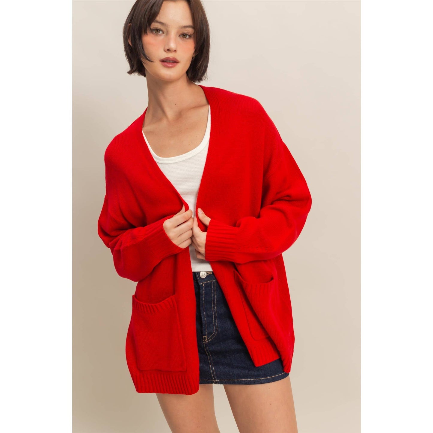 Oversized Open-Front Cardigan Sweater With Pockets: RED / S-M-L(2-2-2)