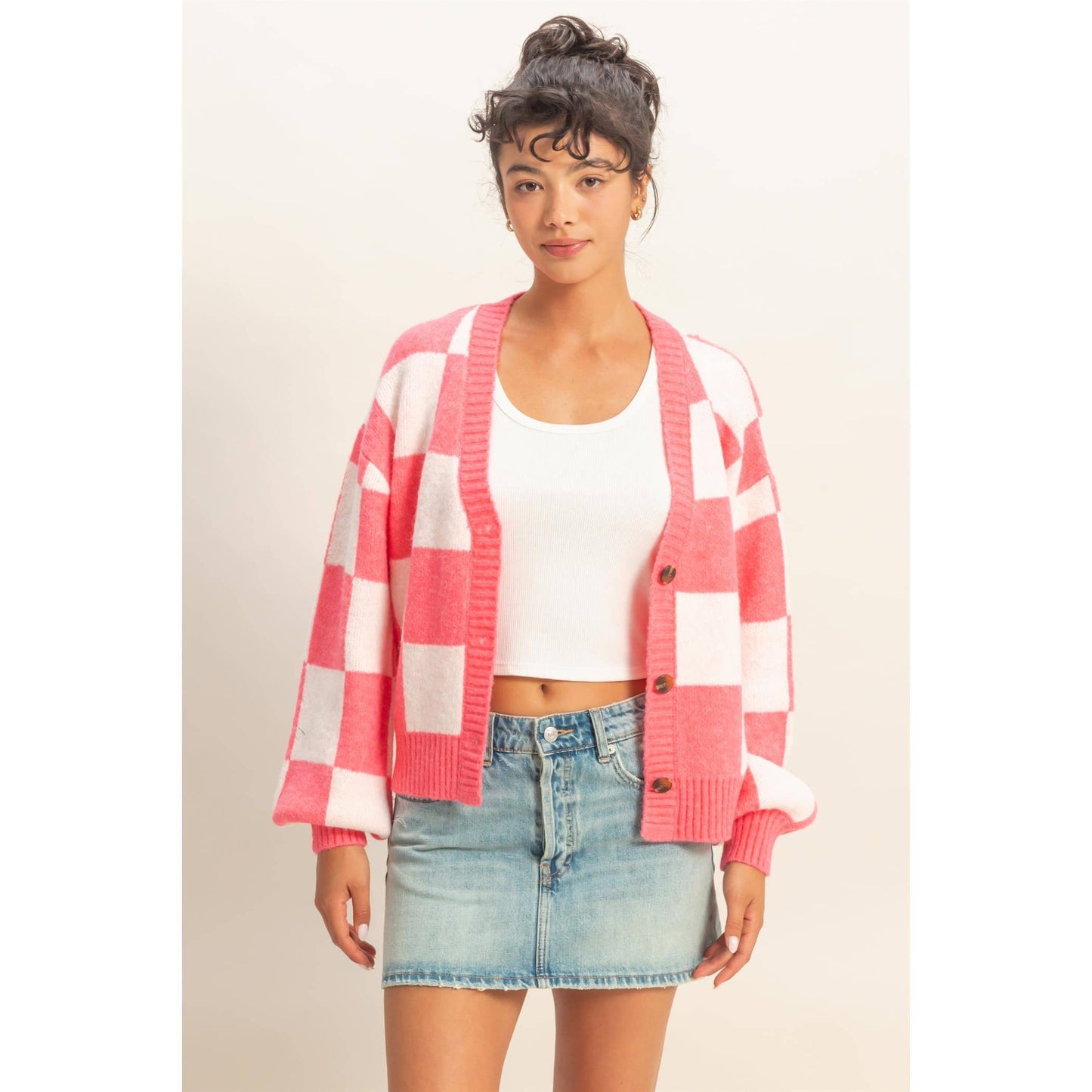 Checkered Button Front Cardigan Sweater