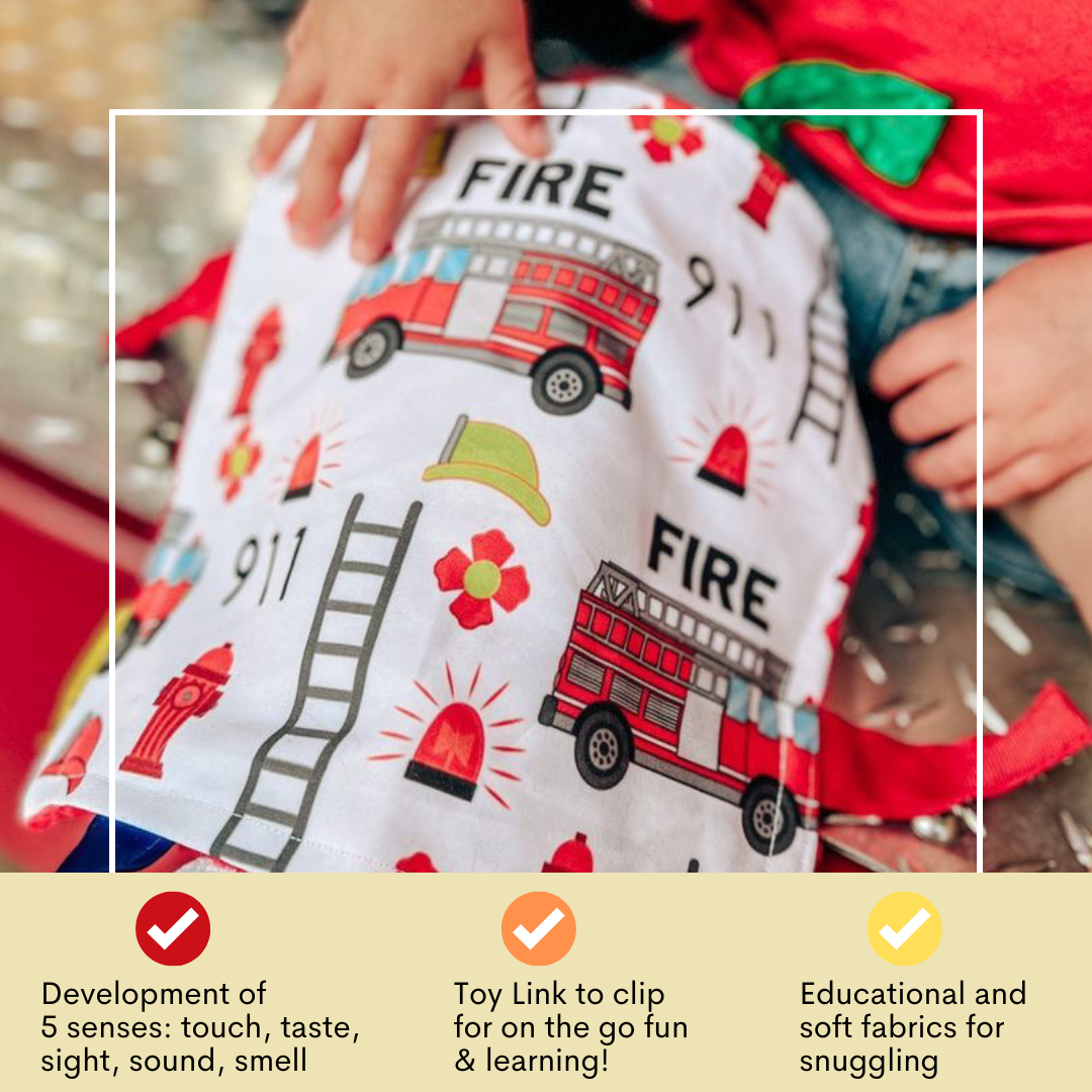 Firefighter Rescue Firetrucks Learning Lovey Crinkle Tag Sensory Toy 8"x8"