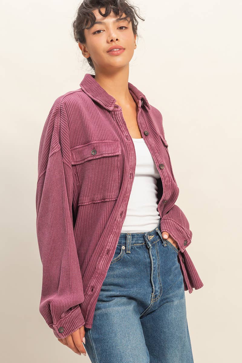 Oversized Mineral Washed Waffle Button Up Shacket: DEEP GREEN / S-M-L(2-2-2)