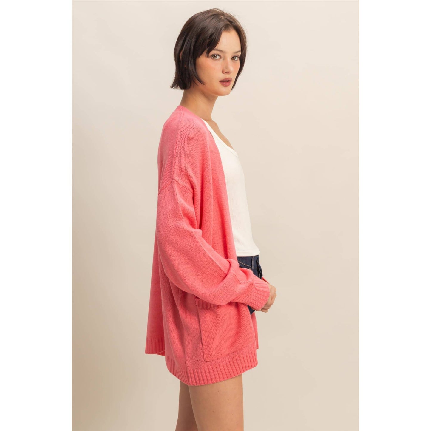 Oversized Open-Front Cardigan Sweater With Pockets: RED / S-M-L(2-2-2)