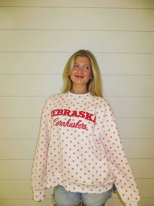 EMBROIDERED NE cornHUSKERS POLKA DOT MOCKNECK