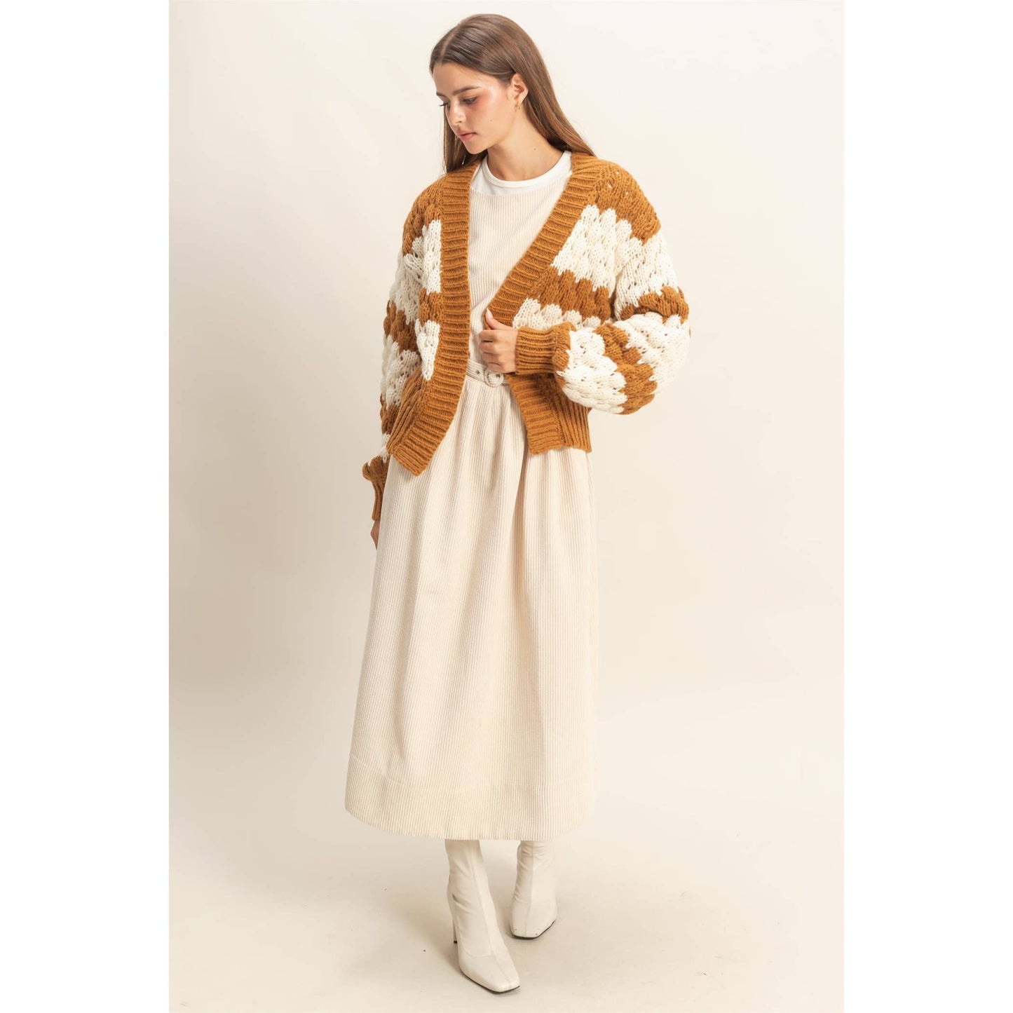 Oversized Cloud Pattern Knit Cardigan: D.GREEN / S-M-L(2-2-2)