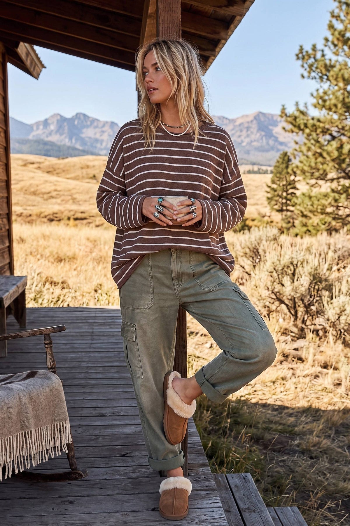 Oversized Lightweight Striped Sweater: HEATHER OATMEAL