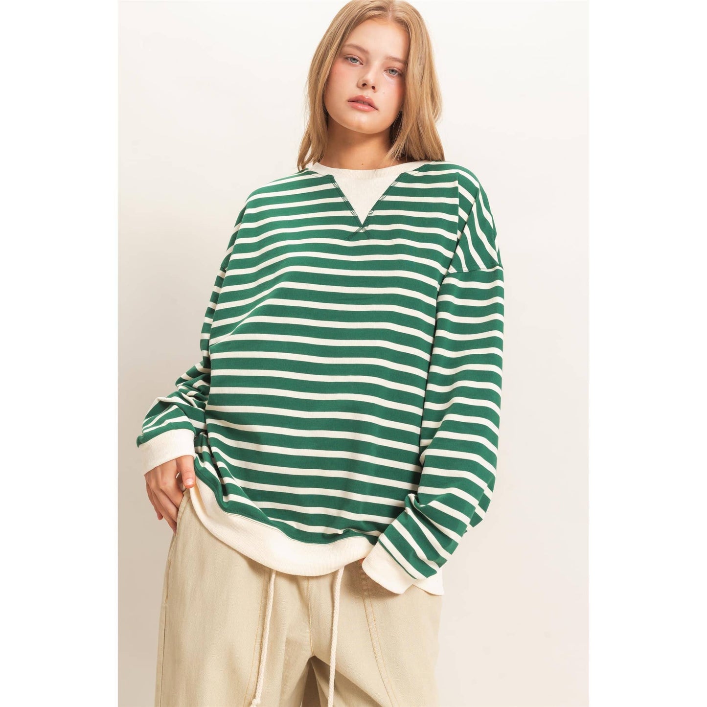 Striped Long Sleeve Pullover: GREEN/CREAM / S-M-L(2-2-2)