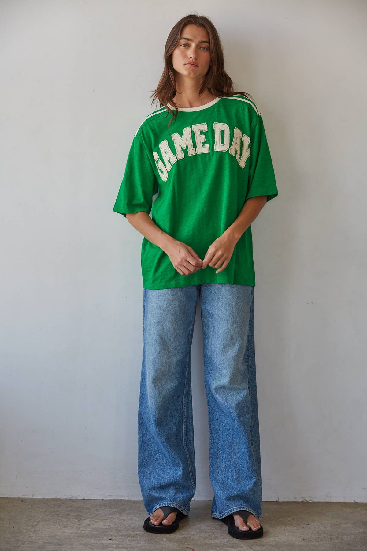 L10117 | Knit Cotton Crew Neck 'Game Day' Oversized Top: Green / S
