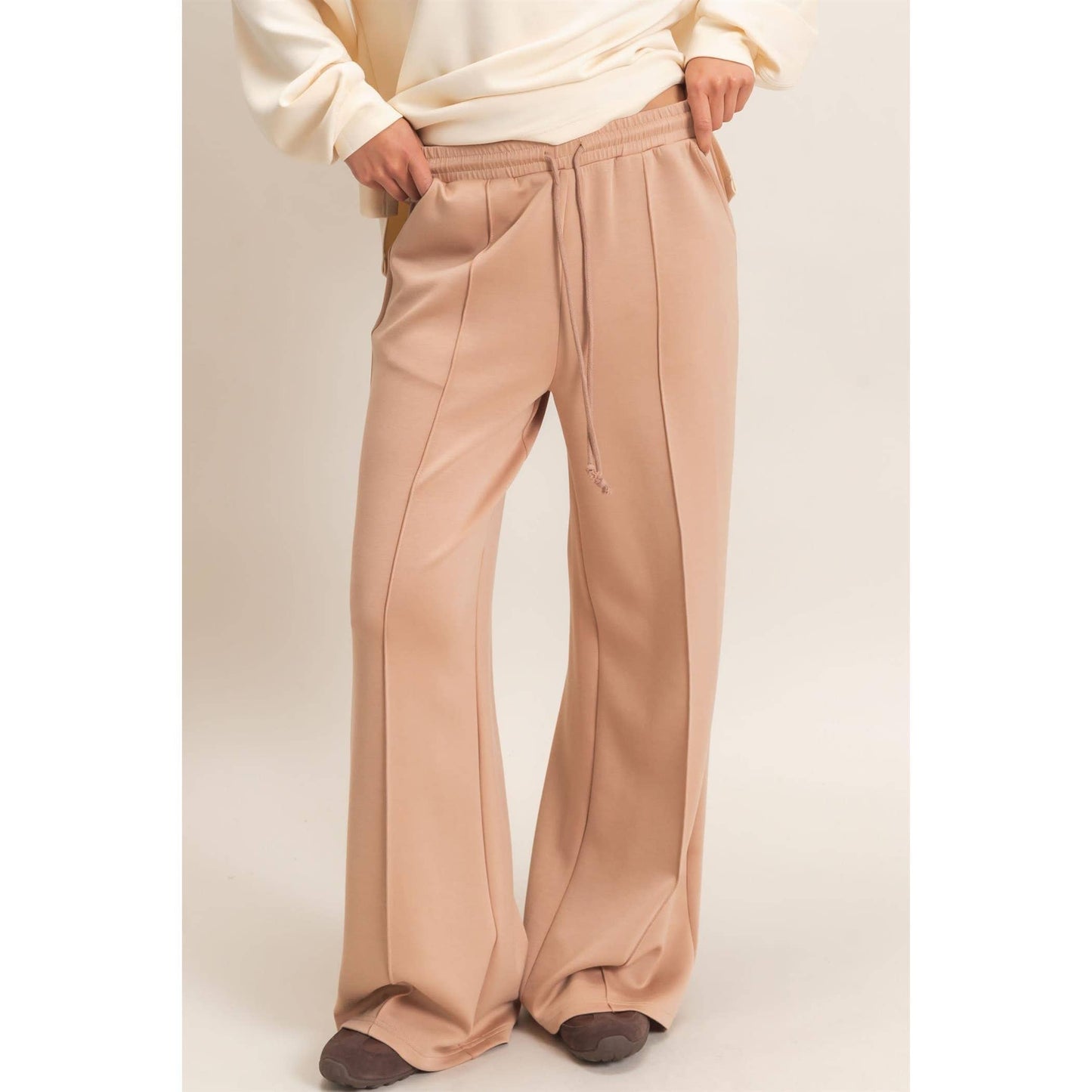 Drawstring Waist Pintuck Wide Leg Pants: DARK RED / S-M-L(2-2-2)