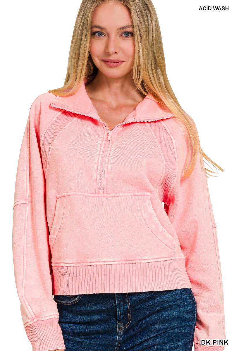 Acid Washed Half Zip Fleece Pullover Kangaroo Pocket: MAUVE / 2-2-2 (S-M-L)