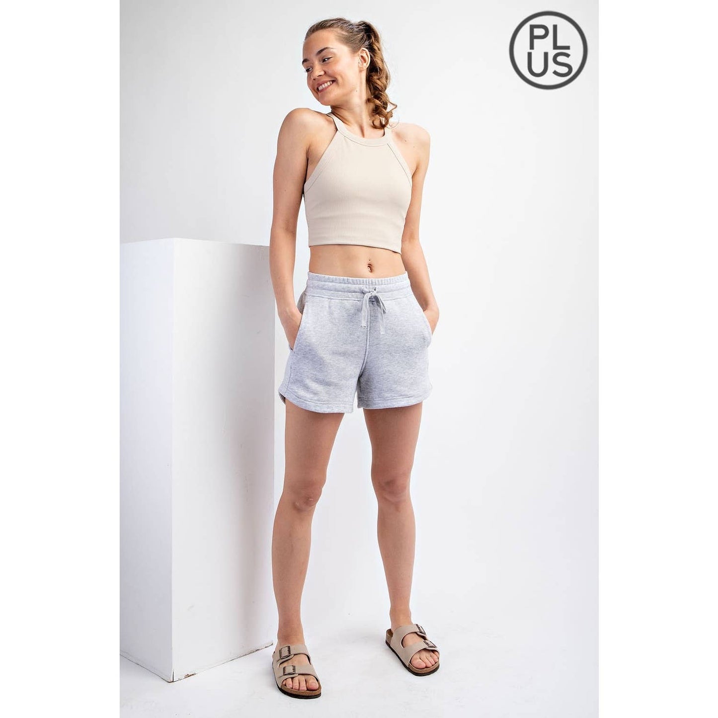 PLUS SIZE FRENCH TERRY BASIC SHORT: Lt Taupe / 1X-2X-3X(3-2-1)