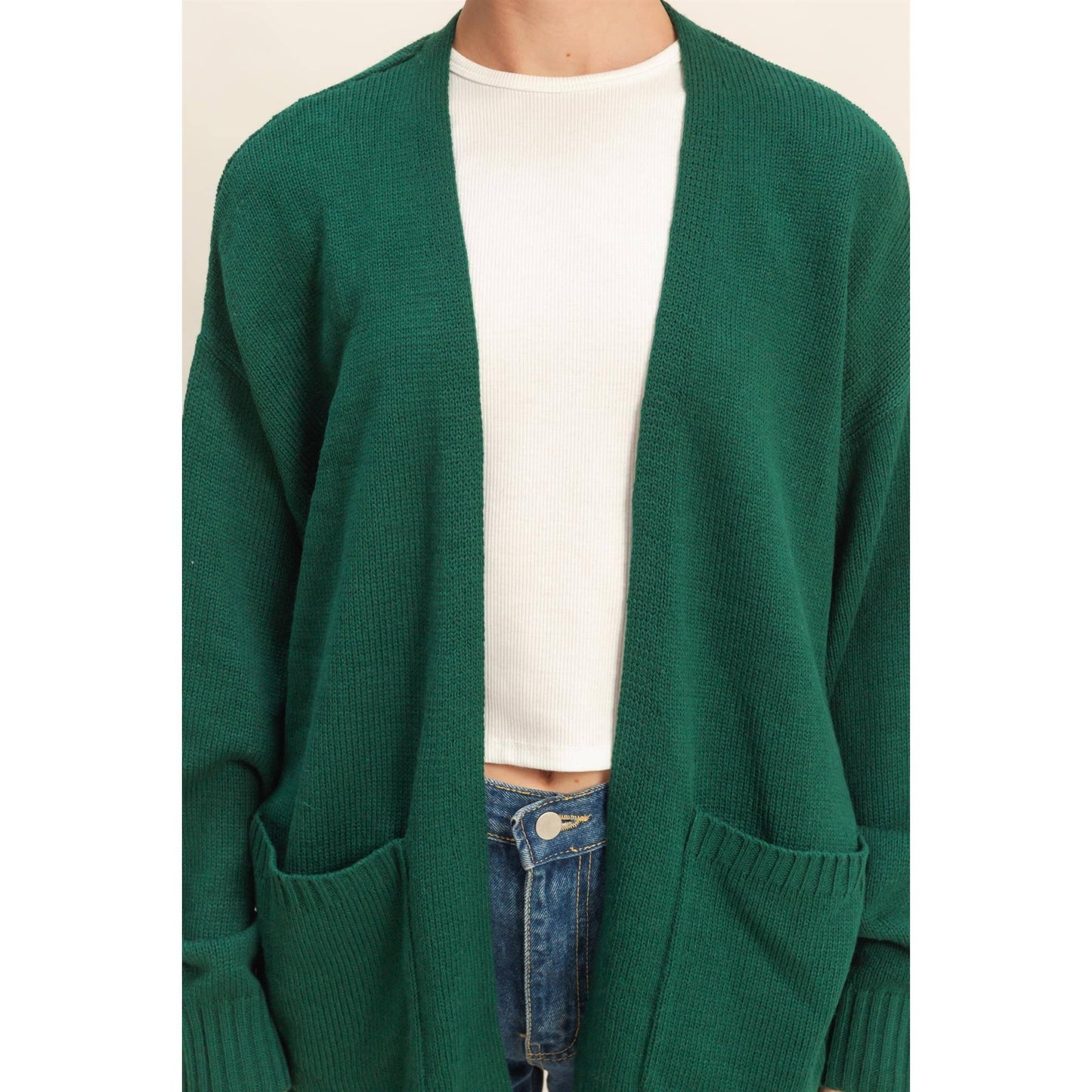 Oversized Open-Front Cardigan Sweater With Pockets: RED / S-M-L(2-2-2)
