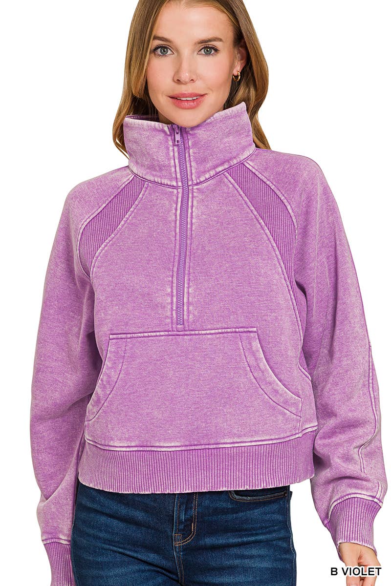 Acid Washed Half Zip Fleece Pullover Kangaroo Pocket: MAUVE / 2-2-2 (S-M-L)