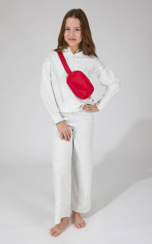 Girl's Half Zip Hoodie, Wide Leg Pant, Bag 3 PCS Set: HTR.LT.GREY/SPICY RED