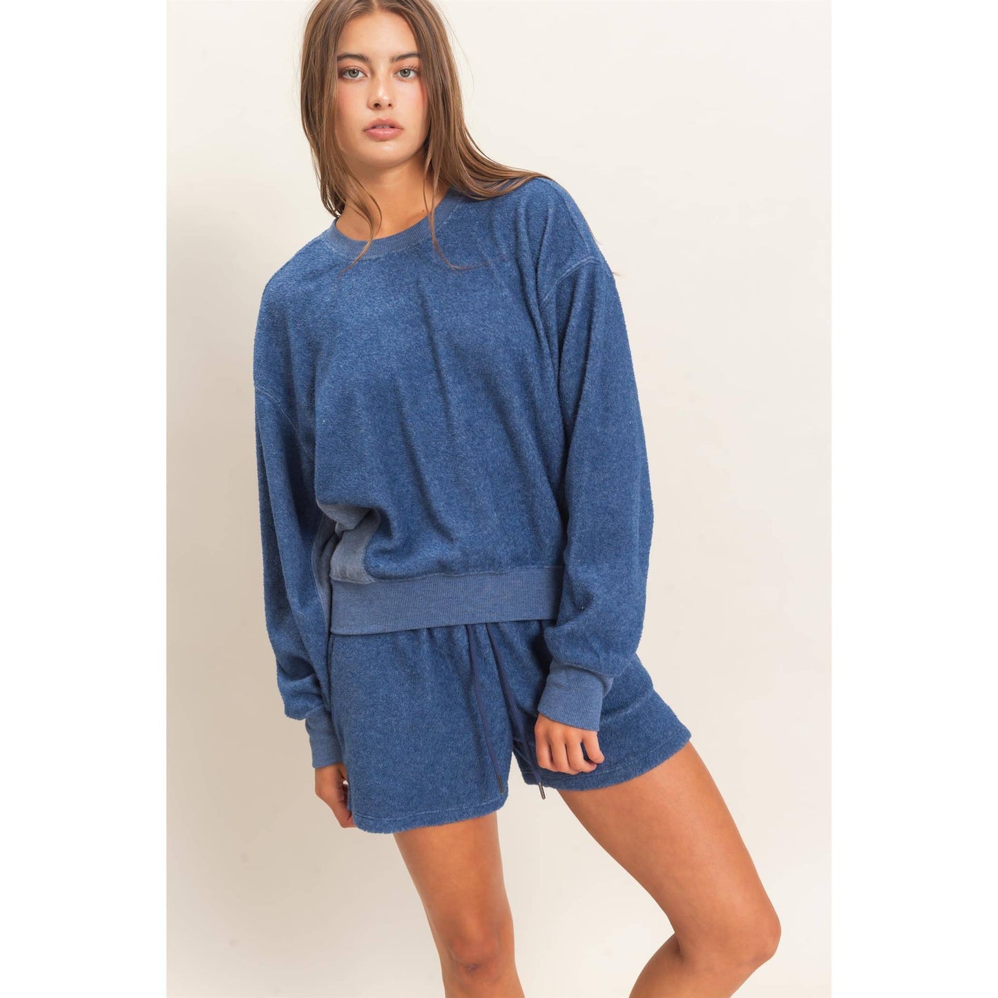 Contrast Sweatshirt & Shorts Set: DARK TEAL / S-M-L(2-2-2)