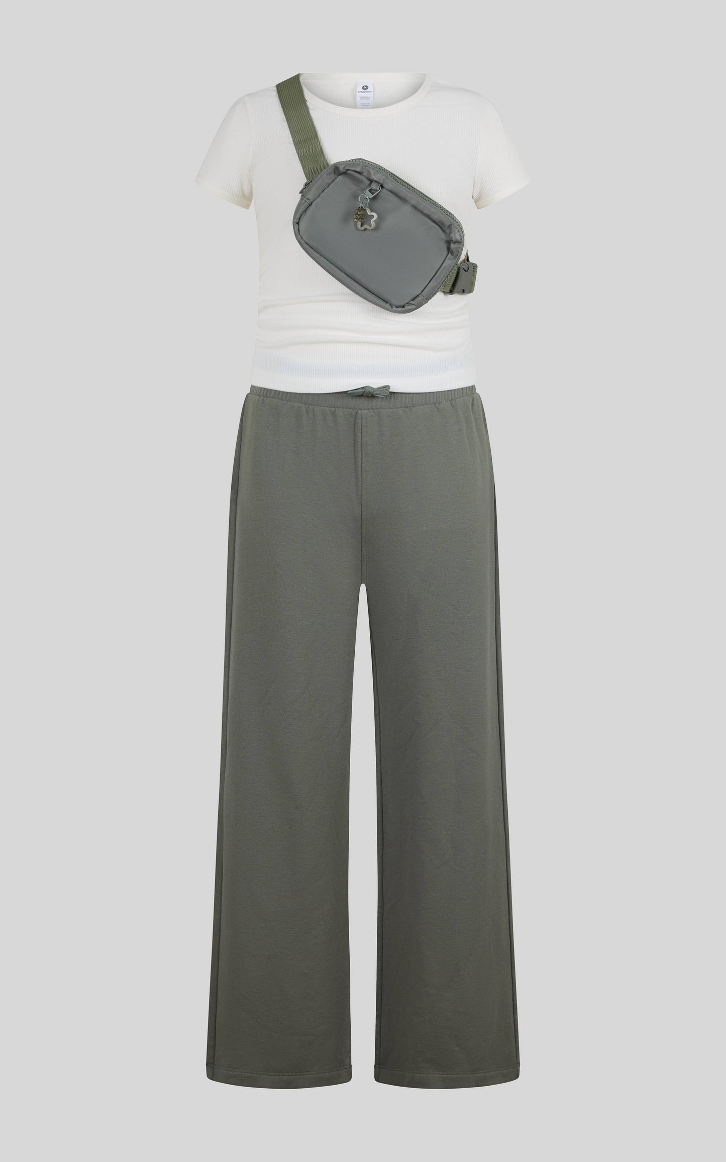 Tween Girls Rib T Shirts with Side Ruching and Wide Pant Set: White/Black