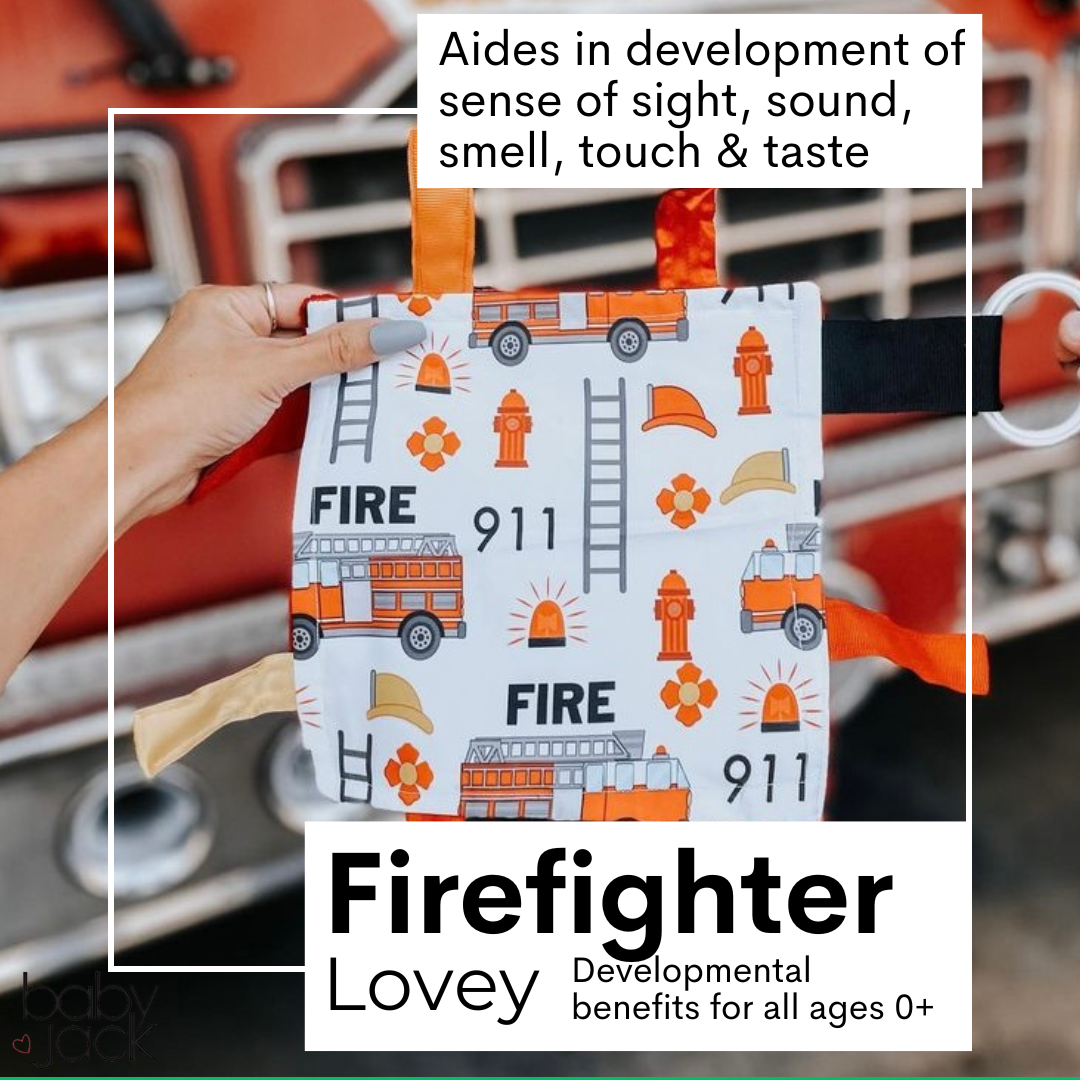 Firefighter Rescue Firetrucks Learning Lovey Crinkle Tag Sensory Toy 8"x8"