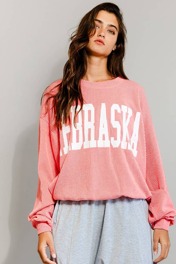 T1770N 'NEBRASKA' Comfy Oversize Graphic Sweatshirt: COFFEE / S-M-L (2-2-2)