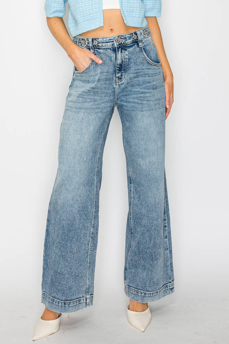 ADJUSTABLE WAISTBAND HIGH RISE BAGGY WIDE JEANS: 7 (27)