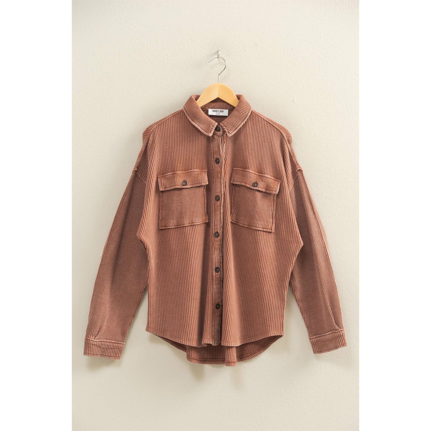 Oversized Mineral Washed Waffle Button Up Shacket: DEEP GREEN / S-M-L(2-2-2)